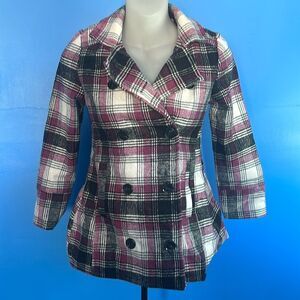 New Look Plaid Button Down Coat – Raspberry/Black Size 7/8 Girl's Coat